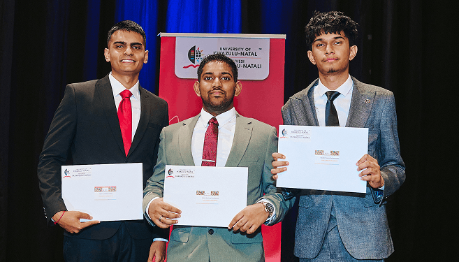 Pius Langa Award recipients, Mr Tayur Moodley, Mr James Koorbanally, and Mr Cayden Packreeappen.
